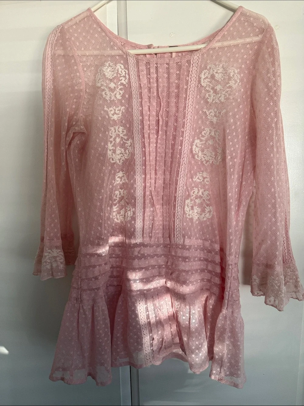 Free People Pink Sheer Lace Peasant Blouse